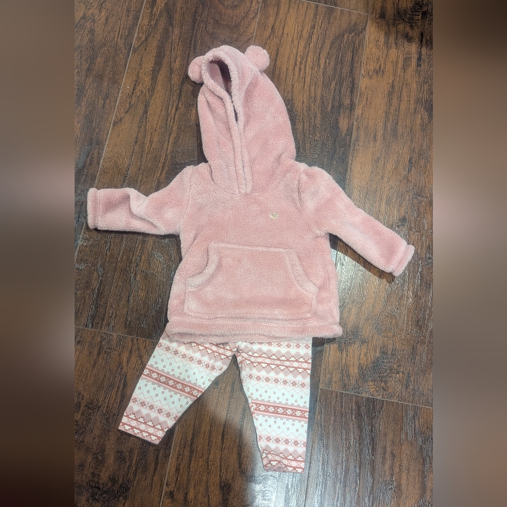 Pink Hooded Baby Outfit with Patterned Leggings